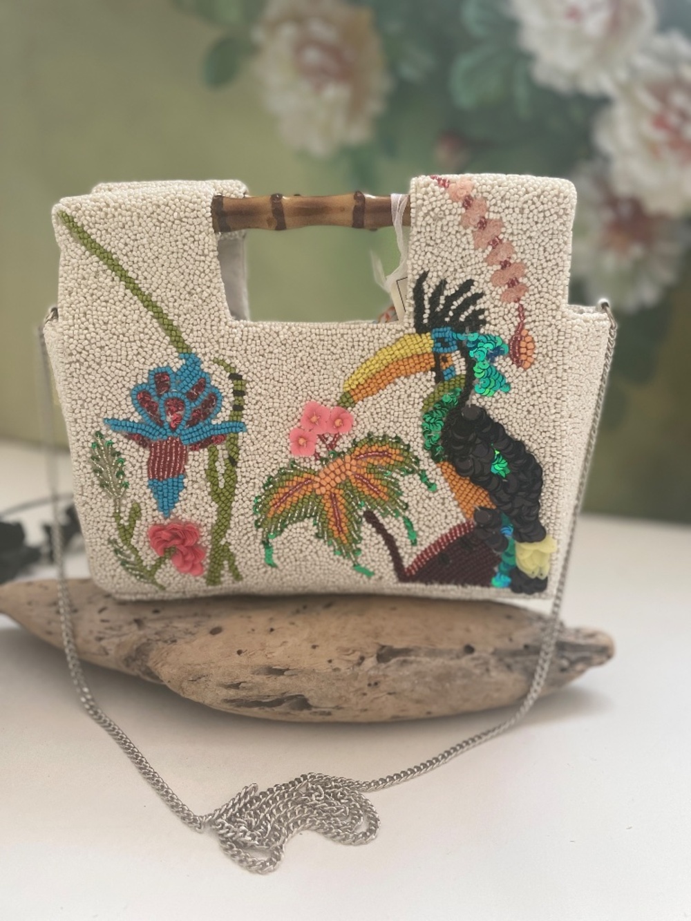 New Release Handcrafted India Tropical Bird Toucan Flower Beaded Bag Resort